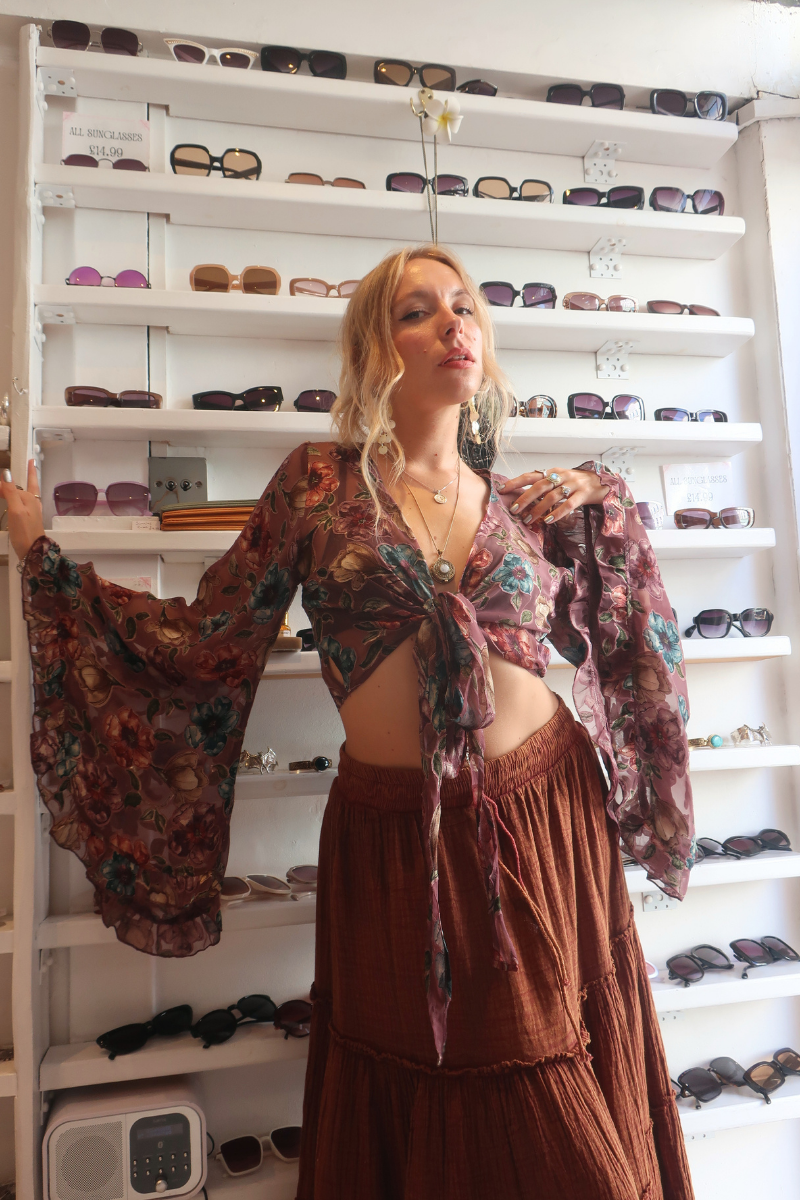 Venus Wrap Top in Thistle Purple Floral Burn Out Velvet