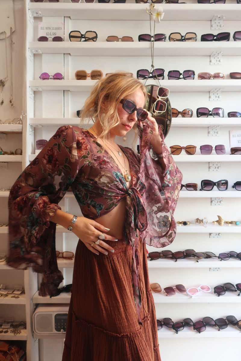Venus Wrap Top in Thistle Purple Floral Burn Out Velvet