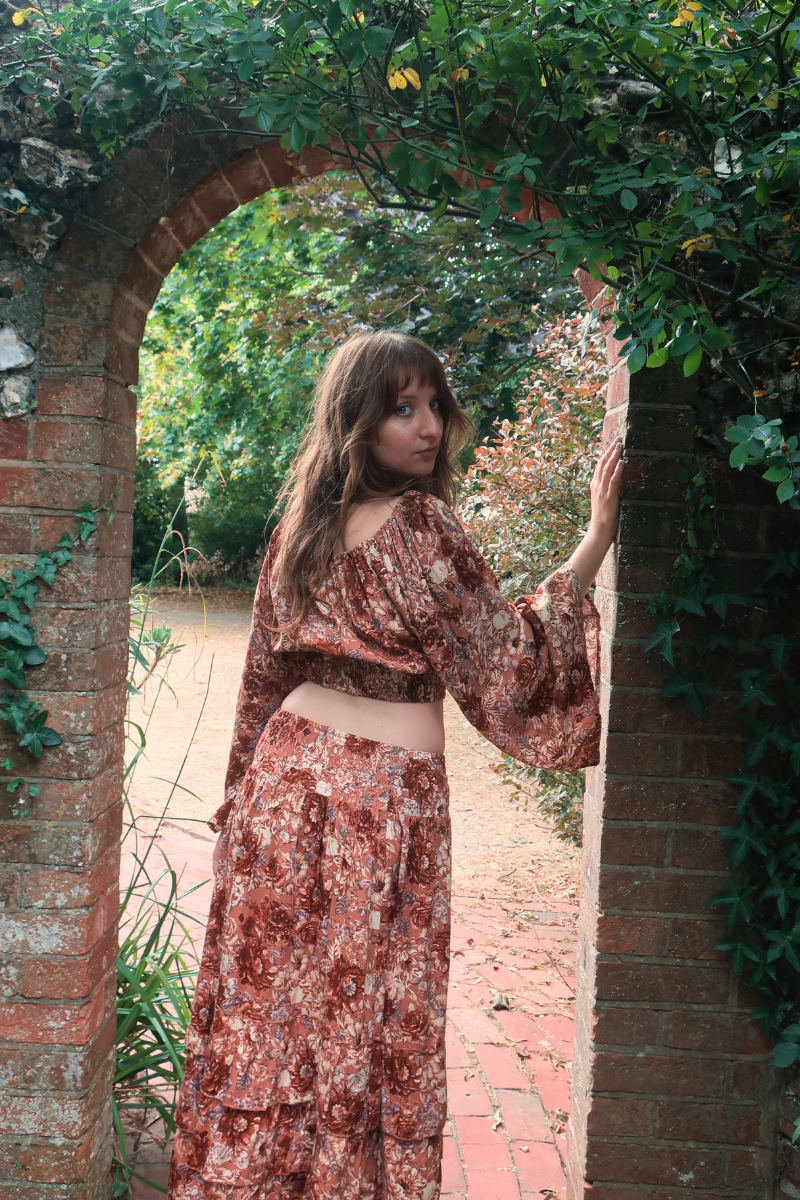 Paloma Ruffle Midi Skirt in Terracotta Blush Floral