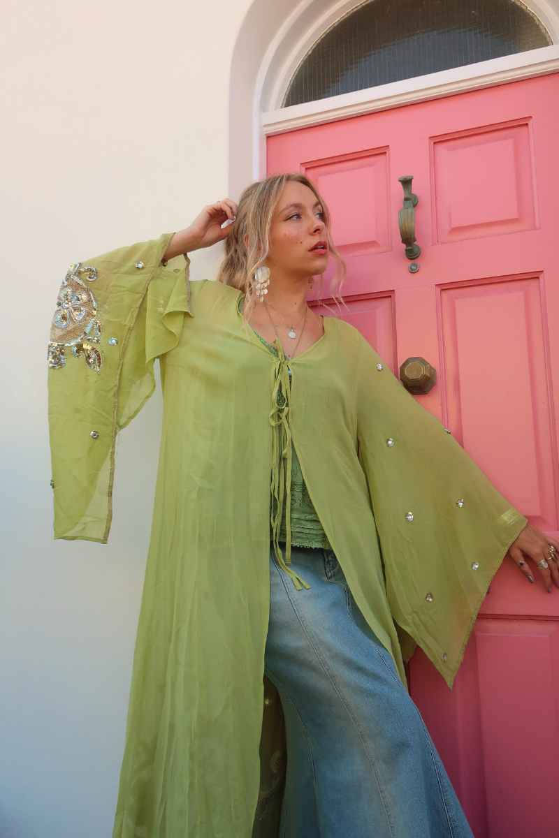 Cassidy Vintage Sheer Beaded Sari Gown in Tinkerbell Green