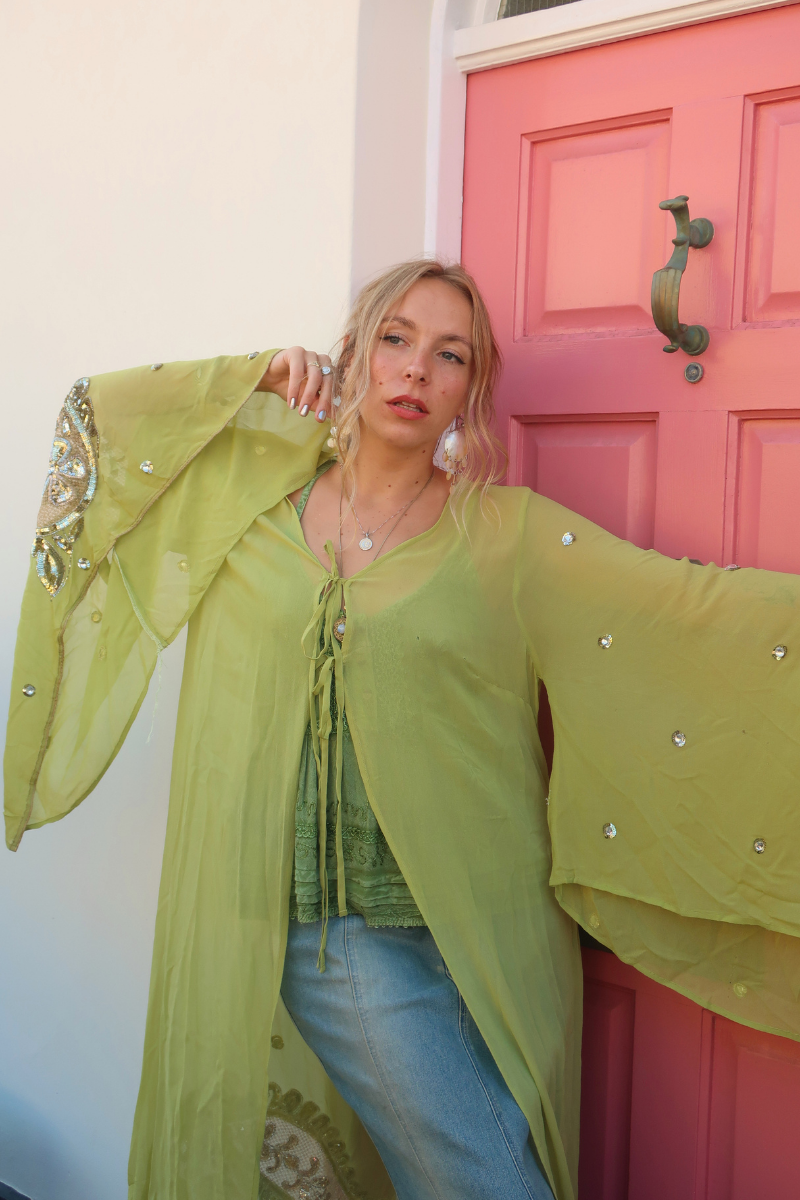 Cassidy Vintage Sheer Beaded Sari Gown in Tinkerbell Green