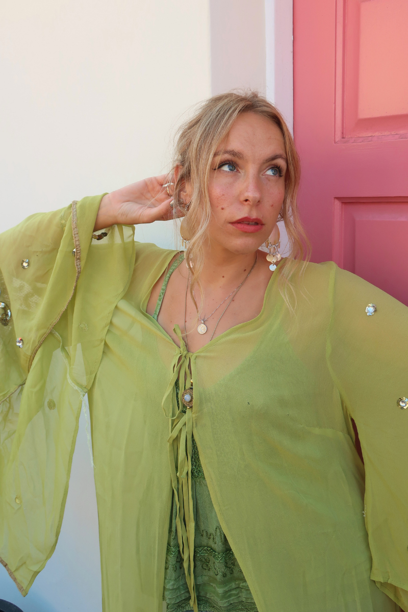 Cassidy Vintage Sheer Beaded Sari Gown in Tinkerbell Green