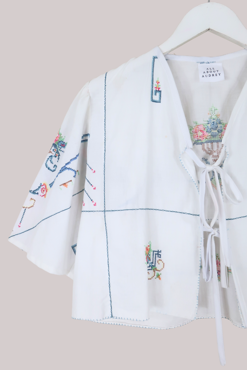 Francesca Vintage Tablecloth Cropped Blouse in Prairie Cross Stitch - Free Size