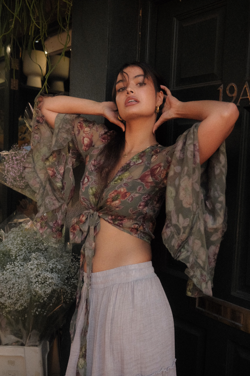 Venus Wrap Top in River Green Floral Burn Out Velvet
