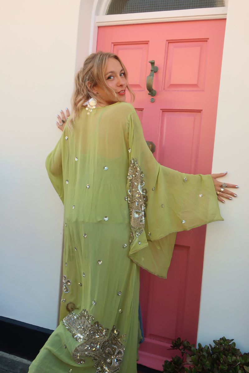 Cassidy Vintage Sheer Beaded Sari Gown in Tinkerbell Green