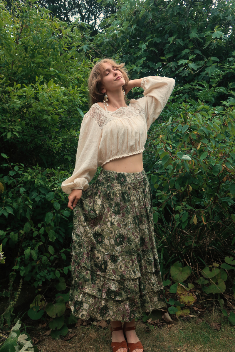 Paloma Ruffle Midi Skirt in Eucalyptus Green Floral