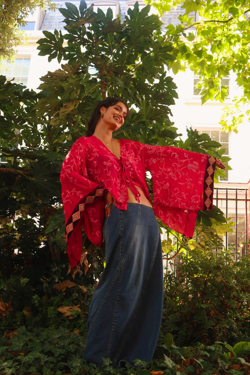 Cassidy Vintage Sheer Beaded Sari Blouse in Shimmering Raspberry Pink