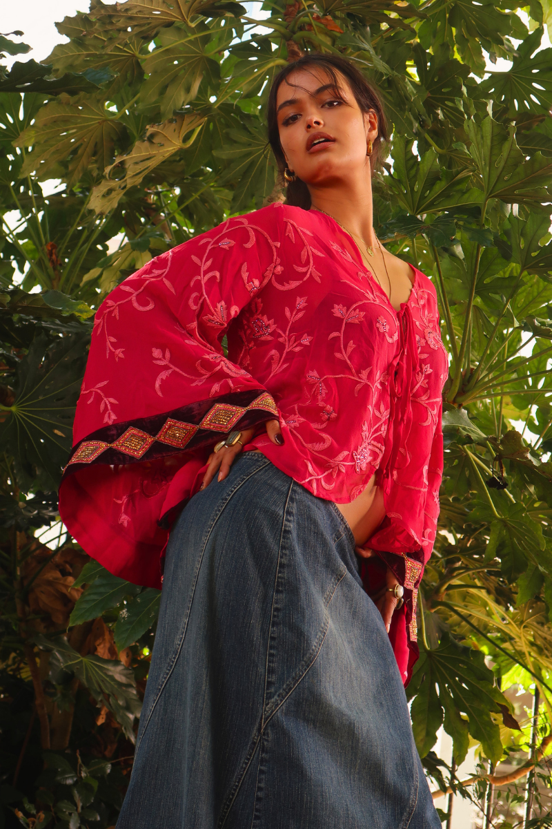 Cassidy Vintage Sheer Beaded Sari Blouse in Shimmering Raspberry Pink