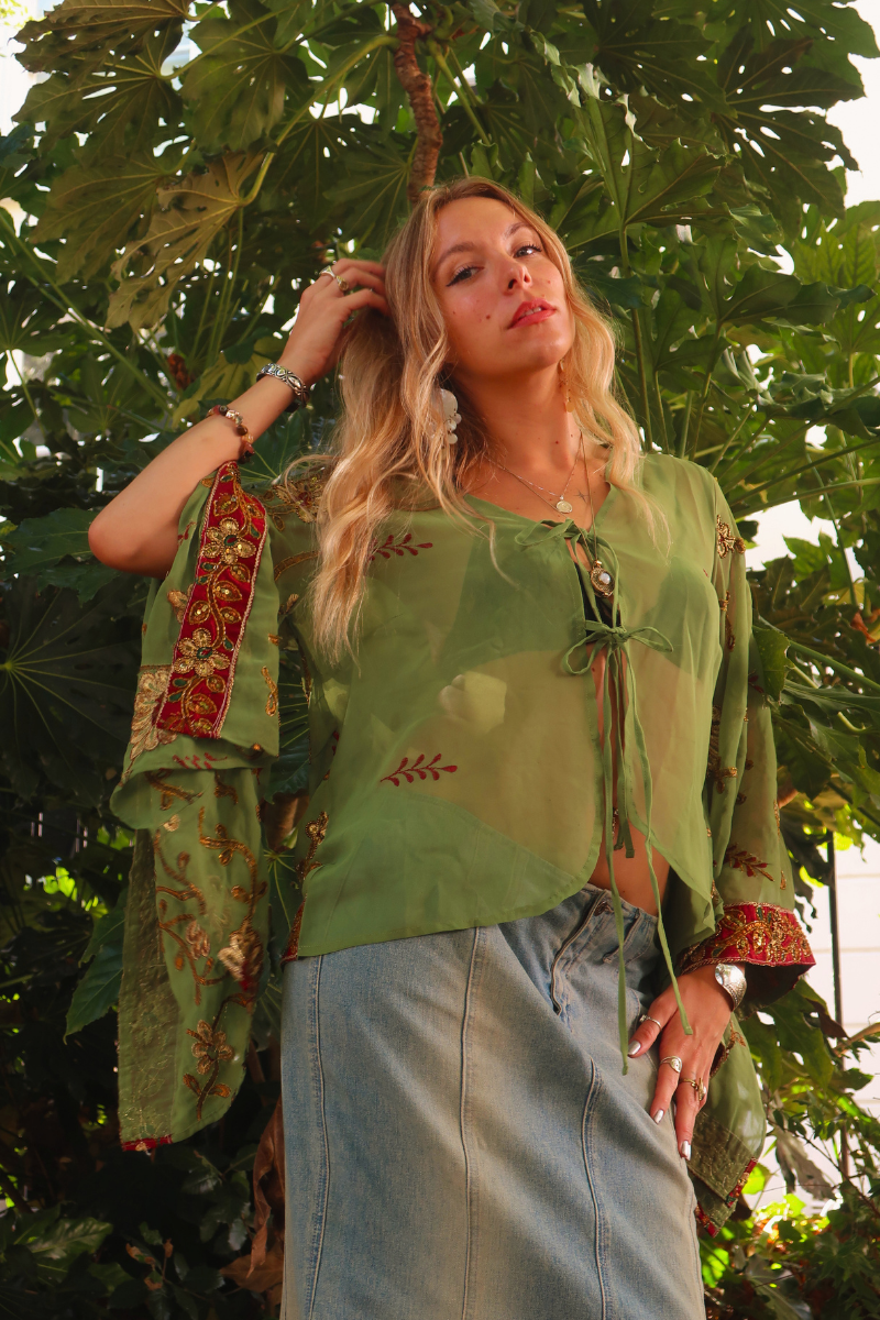 Cassidy Vintage Sheer Beaded Sari Blouse in Autumnal Olive Tapestry