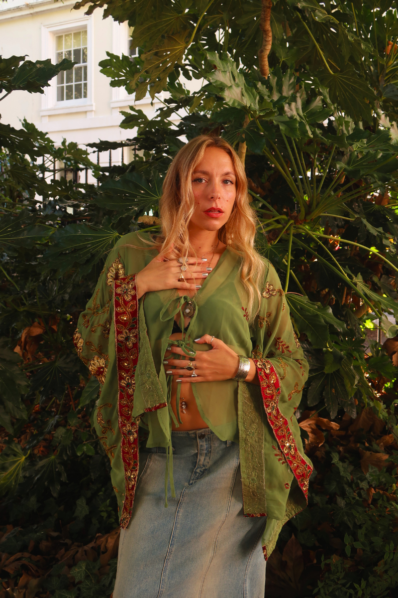 Cassidy Vintage Sheer Beaded Sari Blouse in Autumnal Olive Tapestry
