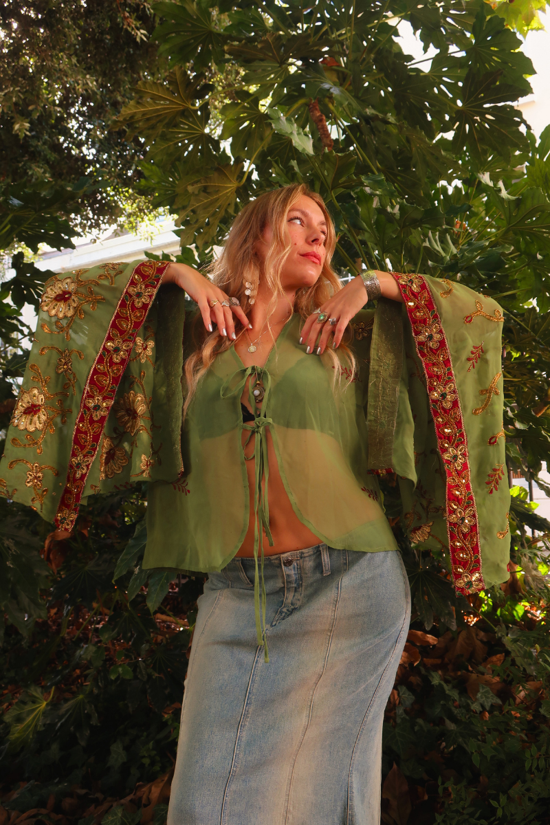 Cassidy Vintage Sheer Beaded Sari Blouse in Autumnal Olive Tapestry