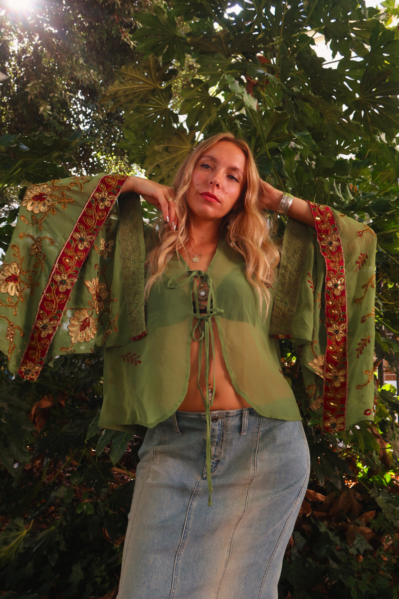 Cassidy Vintage Sheer Beaded Sari Blouse in Autumnal Olive Tapestry