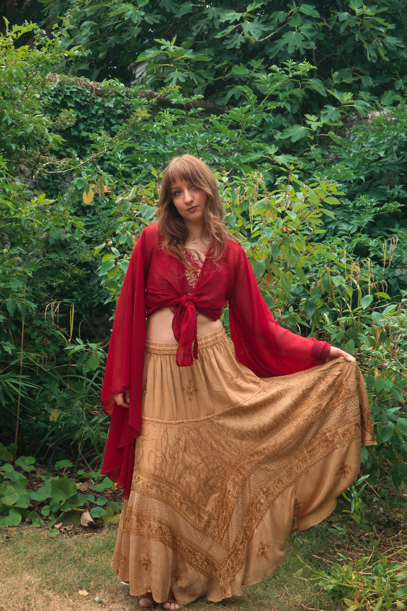 Embroidered A-Line Maxi Skirt in Honey Gold