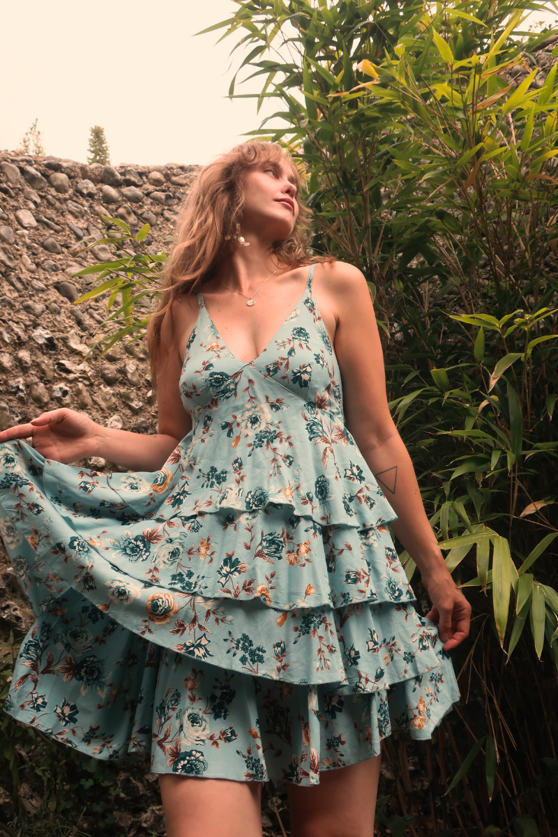 Celeste Babydoll Mini Dress in Breeze Blue Roses