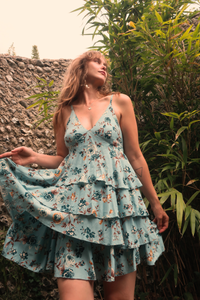 Celeste Babydoll Mini Dress in Breeze Blue Roses