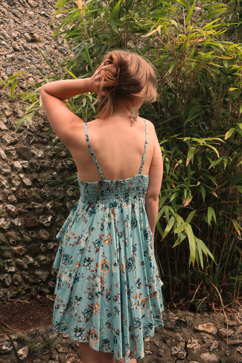 Celeste Babydoll Mini Dress in Breeze Blue Roses
