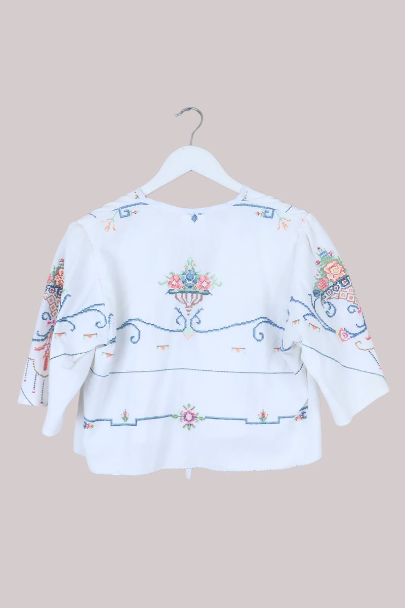 Francesca Vintage Tablecloth Cropped Blouse in Prairie Cross Stitch - Free Size