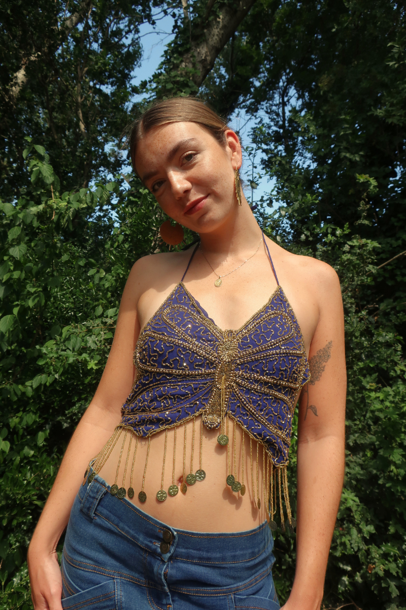 Addison Vintage Beaded Butterfly Top in Midnight Sun