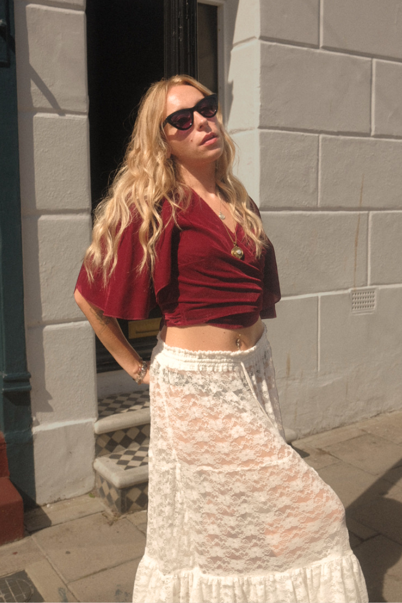 Khroma Angel Wrap Top in Cherry Wine Red Velvet