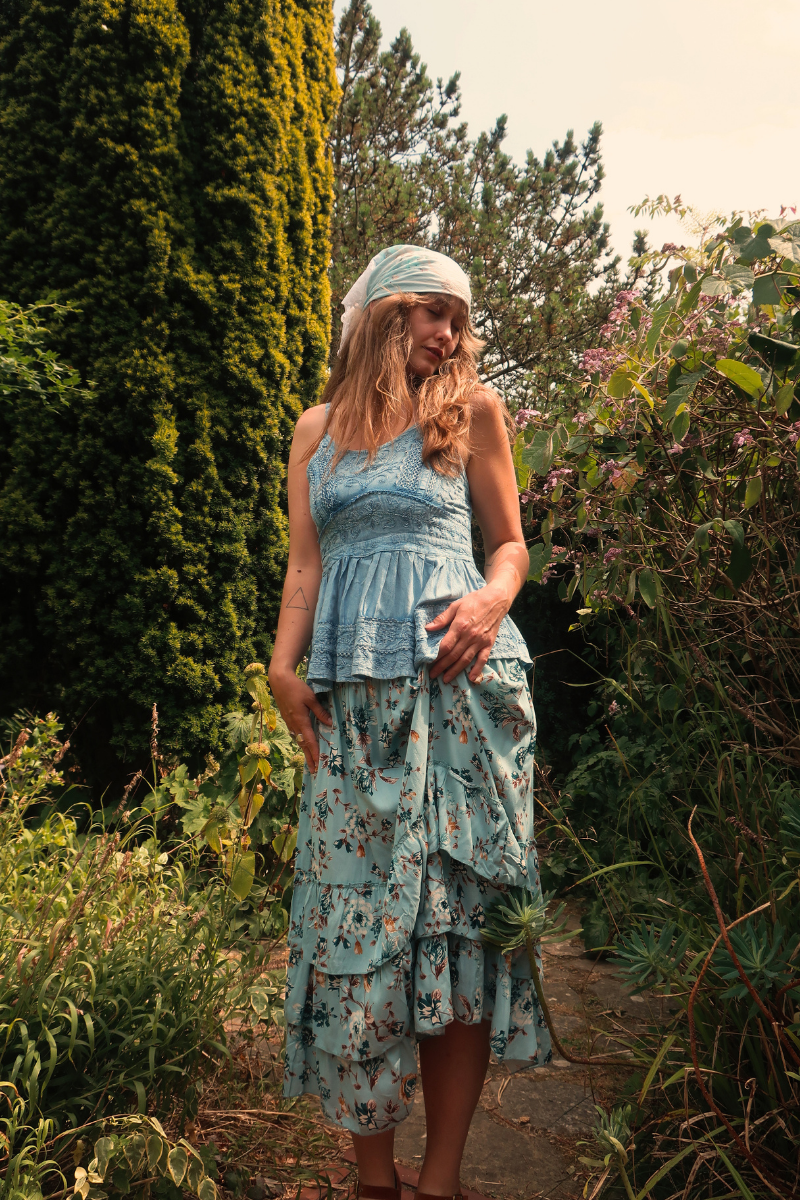 Paloma Ruffle Midi Skirt in Breeze Blue Roses