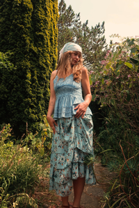 Paloma Ruffle Midi Skirt in Breeze Blue Roses