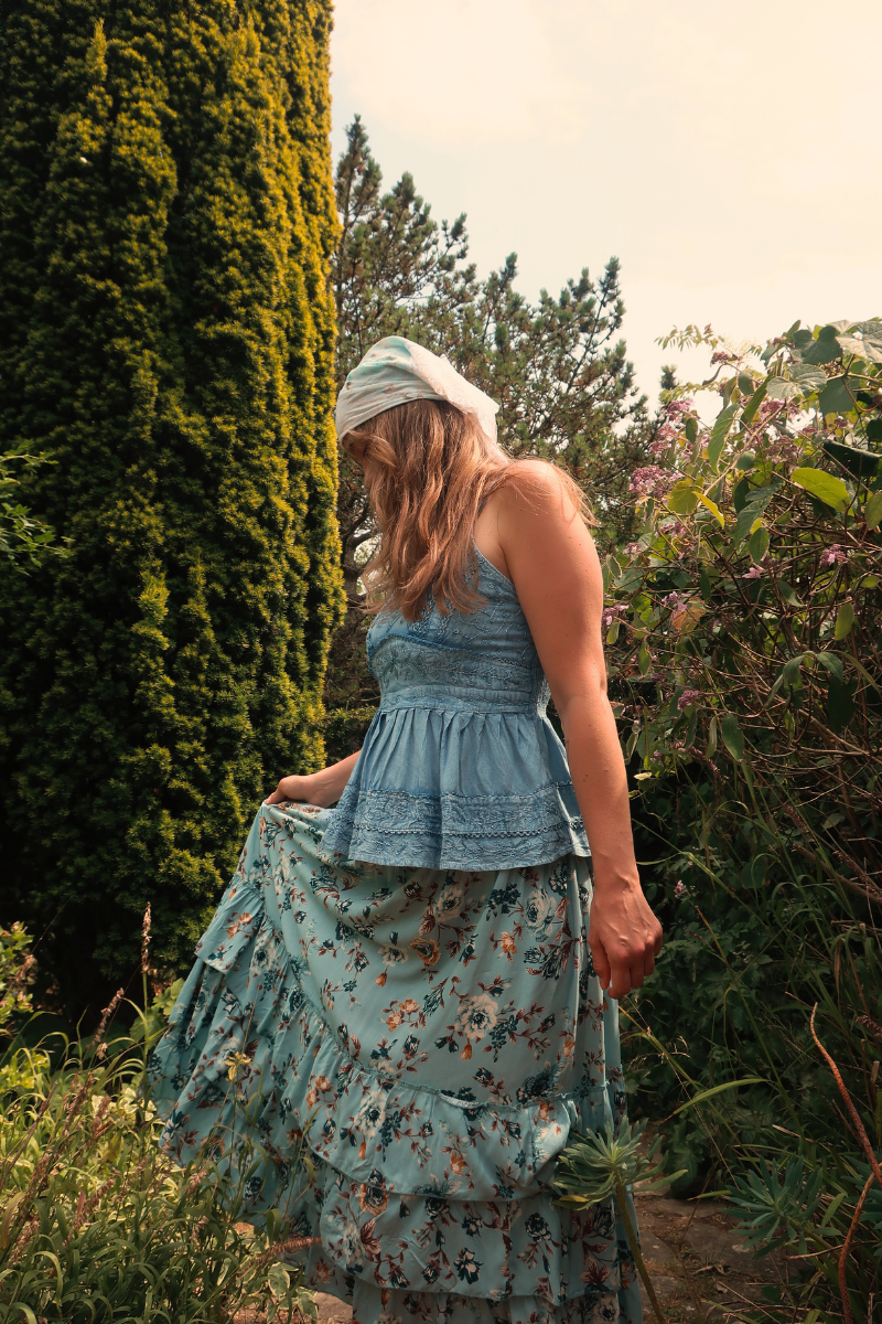 Paloma Ruffle Midi Skirt in Breeze Blue Roses