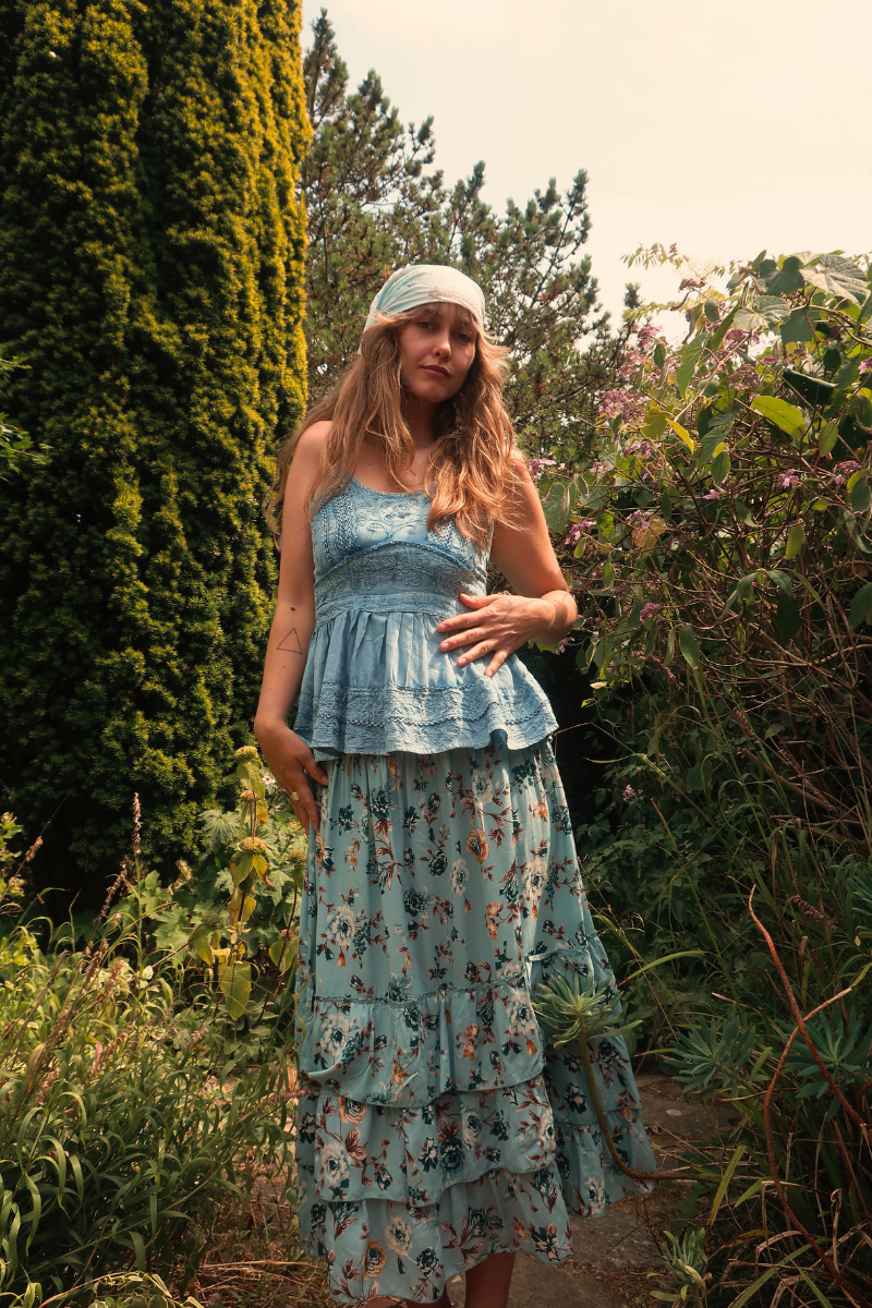 Paloma Ruffle Midi Skirt in Breeze Blue Roses