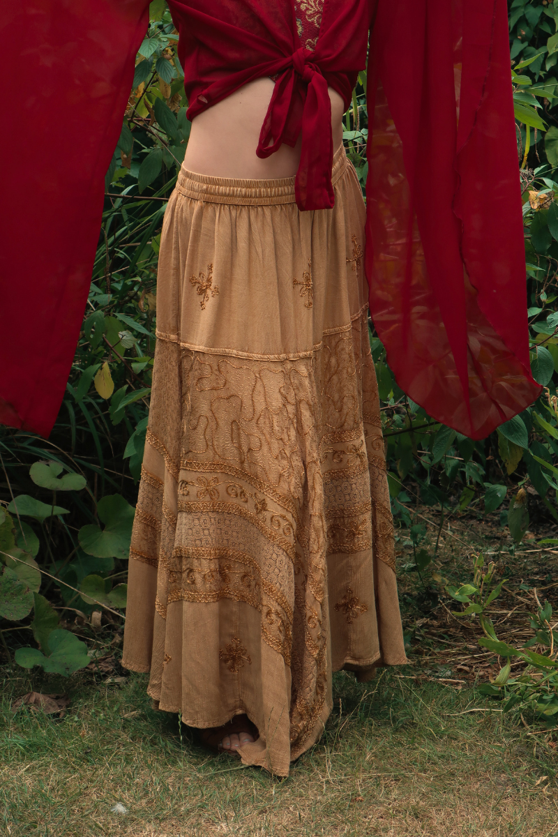 Embroidered A-Line Maxi Skirt in Honey Gold
