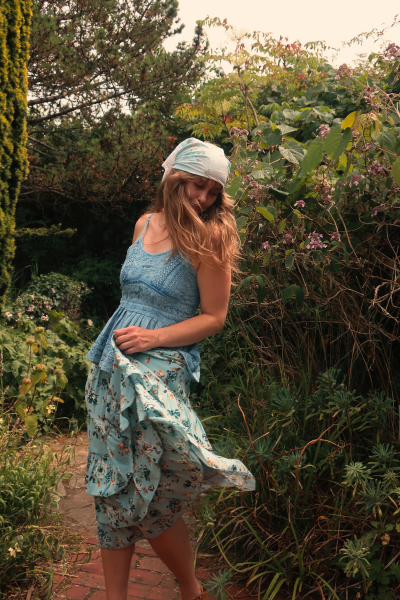 Paloma Ruffle Midi Skirt in Breeze Blue Roses