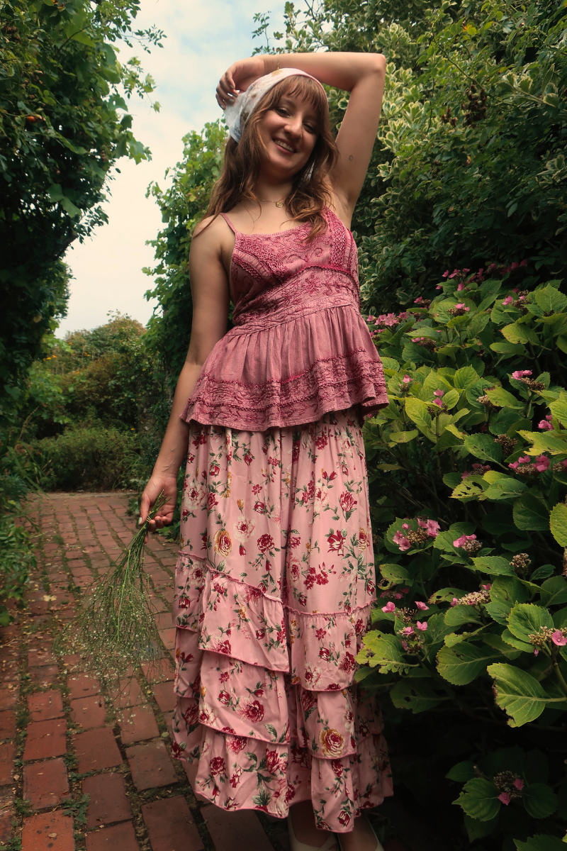 Paloma Ruffle Midi Skirt in Daydream Pink Roses