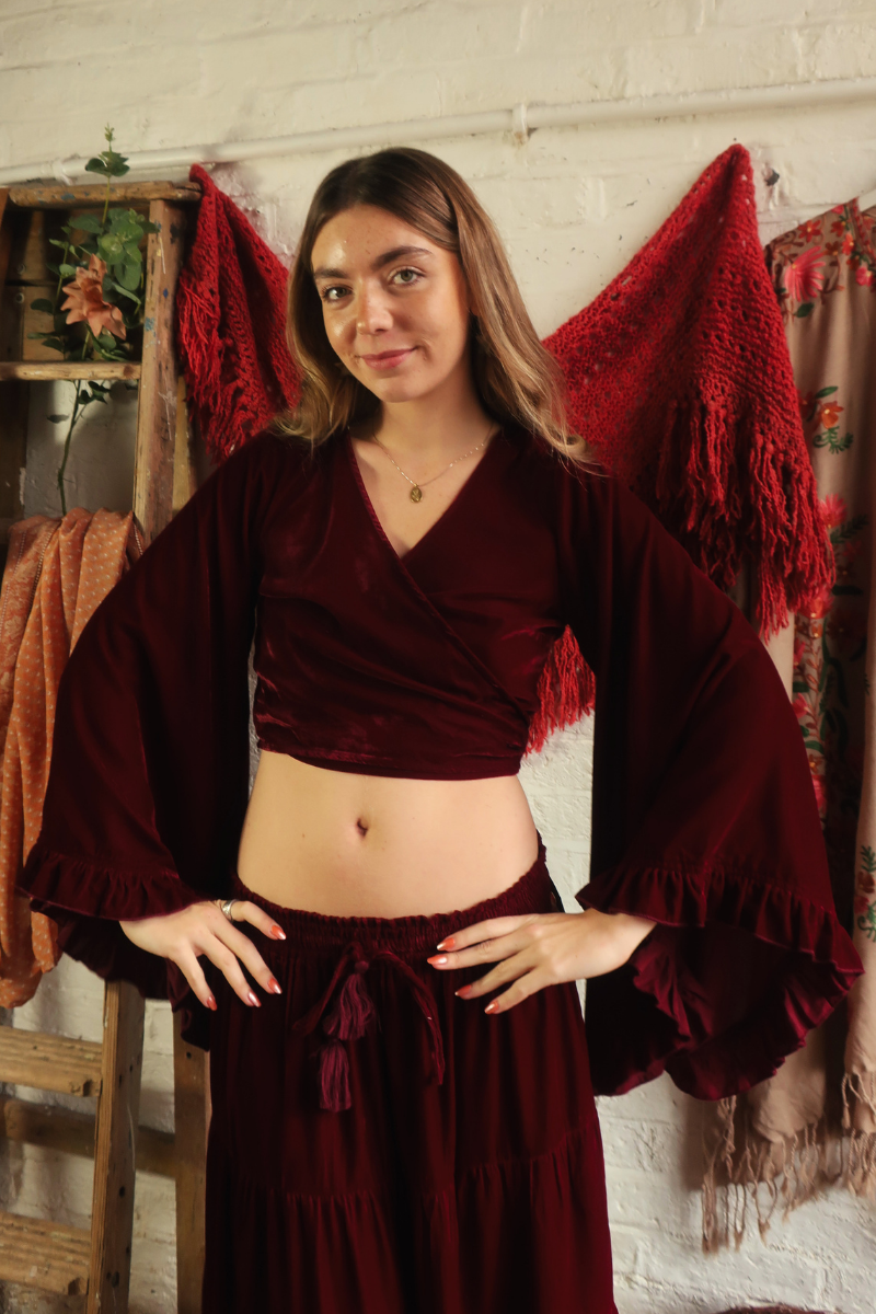 Khroma Venus Wrap Top in Cherry Wine Red Velvet