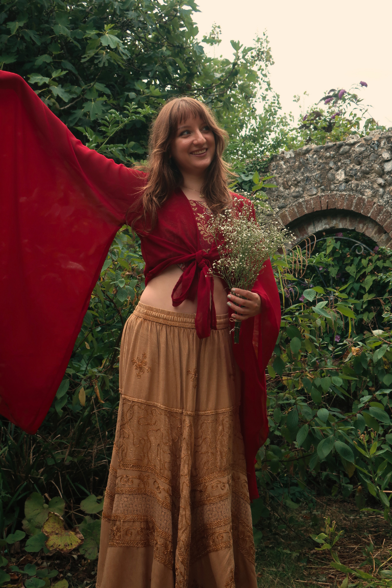 Embroidered A-Line Maxi Skirt in Honey Gold