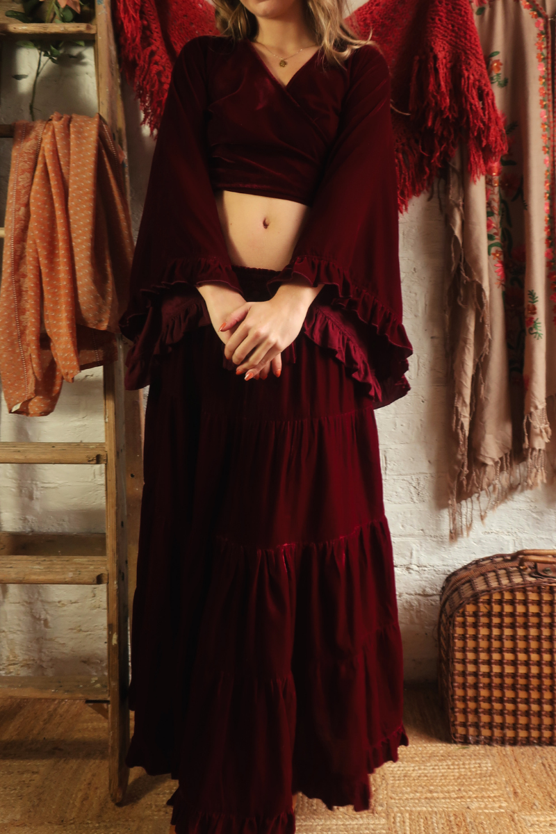 Khroma Venus Maxi Skirt in Cherry Wine Red Velvet