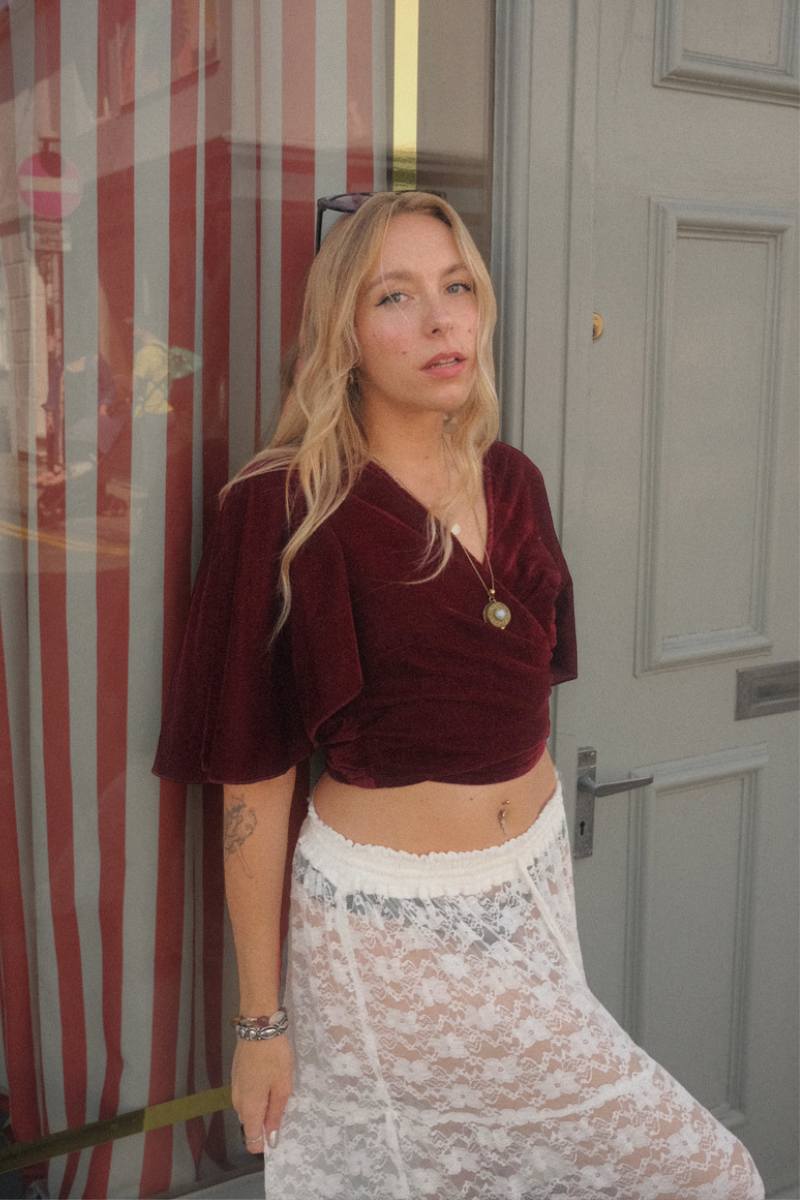 Khroma Angel Wrap Top in Cherry Wine Red Velvet