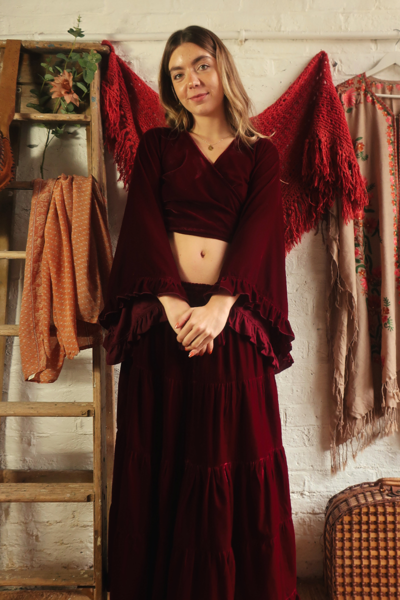 Khroma Venus Maxi Skirt in Cherry Wine Red Velvet