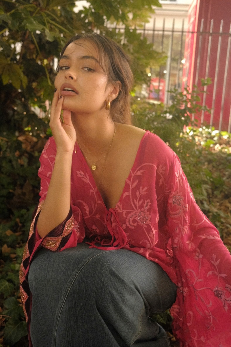 Cassidy Vintage Sheer Beaded Sari Blouse in Shimmering Raspberry Pink