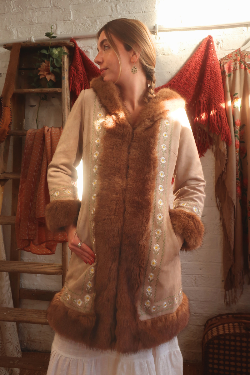 Suki Hooded Embroidered Afghan Coat in Ammonite Stone Beige