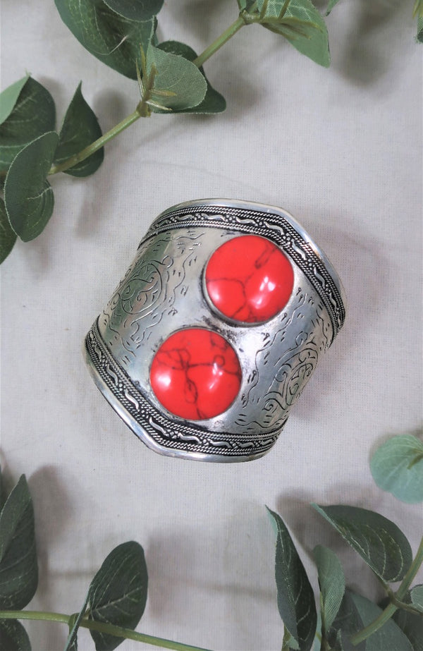 Silver Plated Brass and Reconstituted Coral Double Stone Turkish Bangle