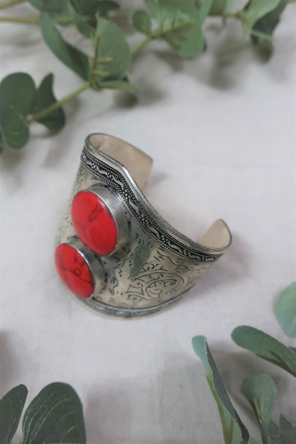 Silver Plated Brass and Reconstituted Coral Double Stone Turkish Bangle