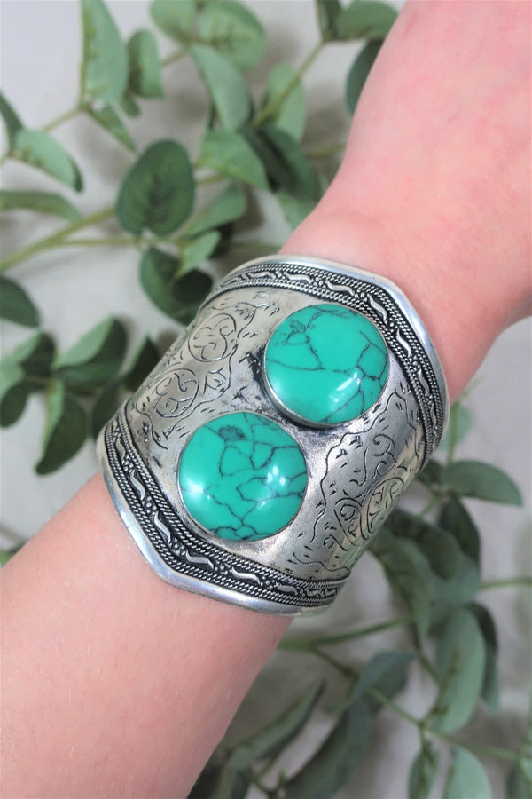 Silver Plated Brass and Reconstituted Turquoise two Stone Turkish Bangle