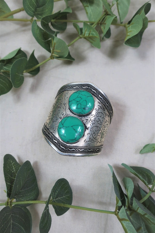 Silver Plated Brass and Reconstituted Turquoise two Stone Turkish Bangle