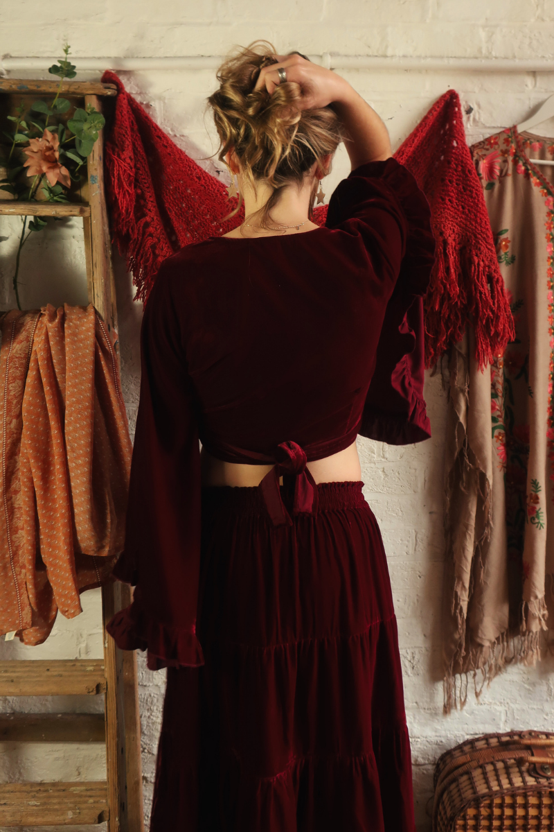 Khroma Venus Maxi Skirt in Cherry Wine Red Velvet