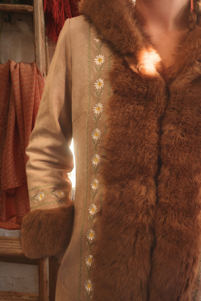 Suki Hooded Embroidered Afghan Coat in Ammonite Stone Beige