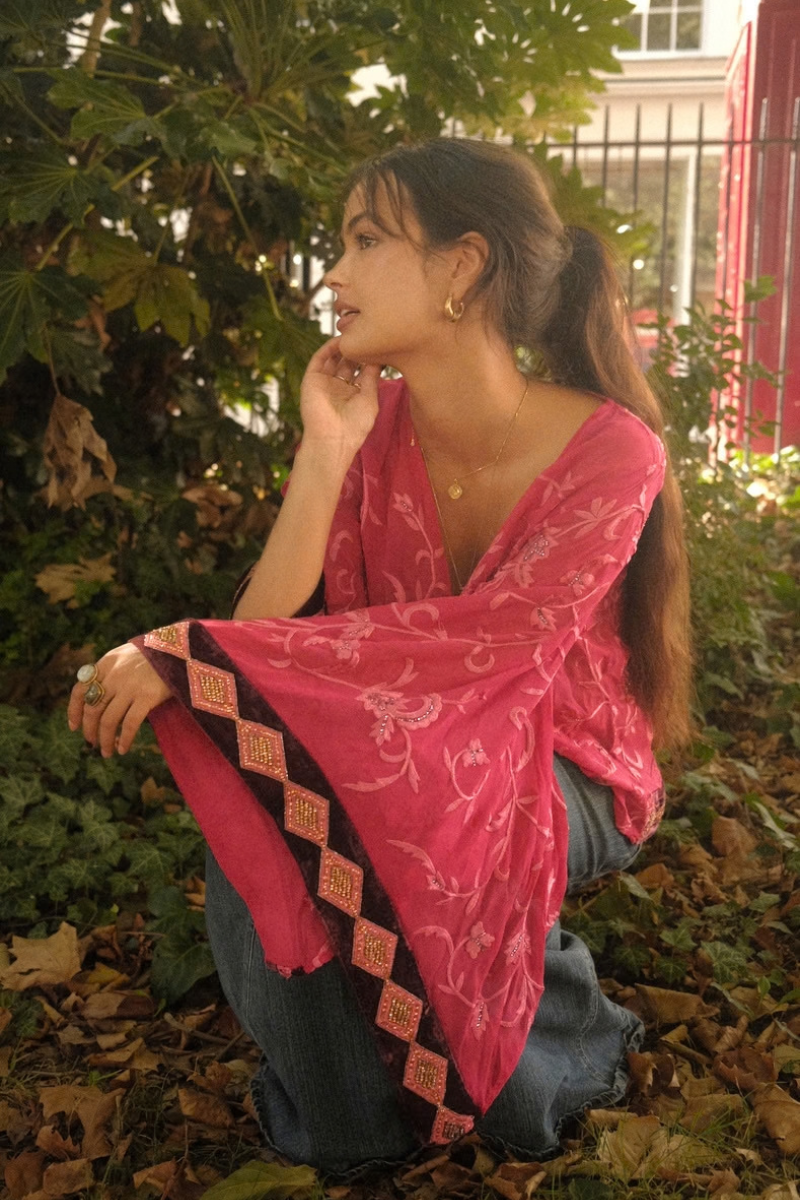 Cassidy Vintage Sheer Beaded Sari Blouse in Shimmering Raspberry Pink