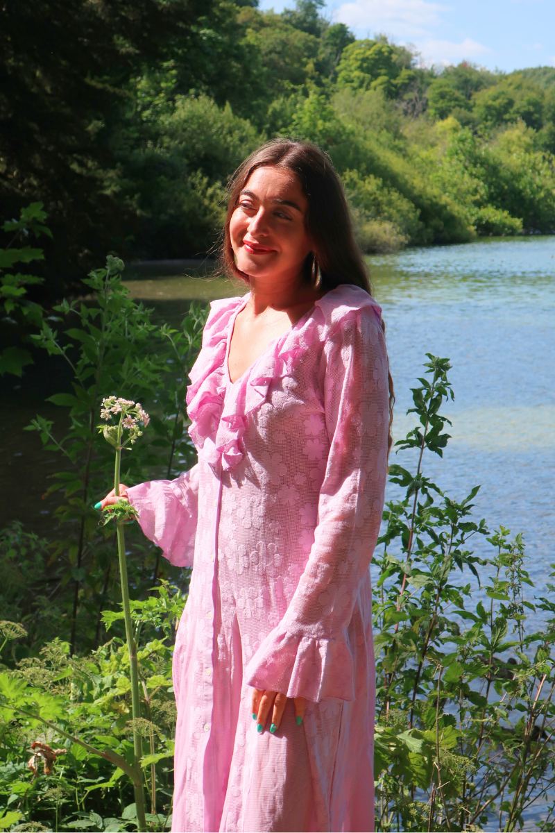 Harriet Lace Robe Dress in Fantasy Pink Daisies