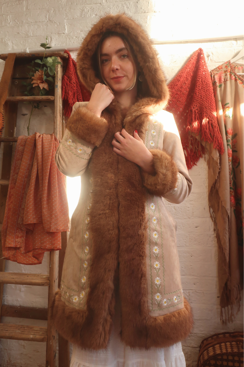 Suki Hooded Embroidered Afghan Coat in Ammonite Stone Beige