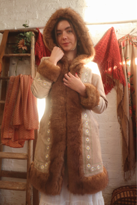 Suki Hooded Embroidered Afghan Coat in Ammonite Stone Beige