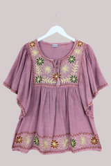 Embroidered Tunic Smock Top in Heather Pink - Free Size