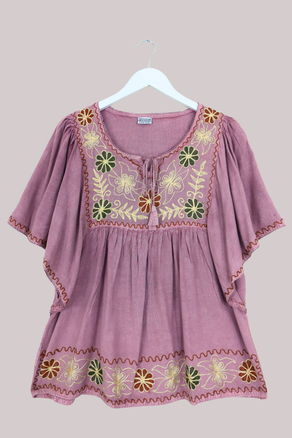 Embroidered Tunic Smock Top in Heather Pink - Free Size