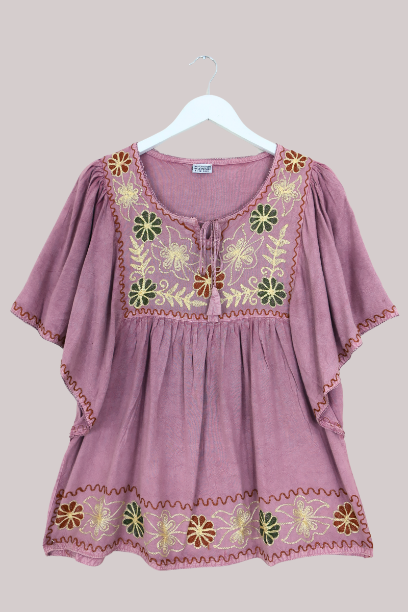 Embroidered Tunic Smock Top in Heather Pink - Free Size